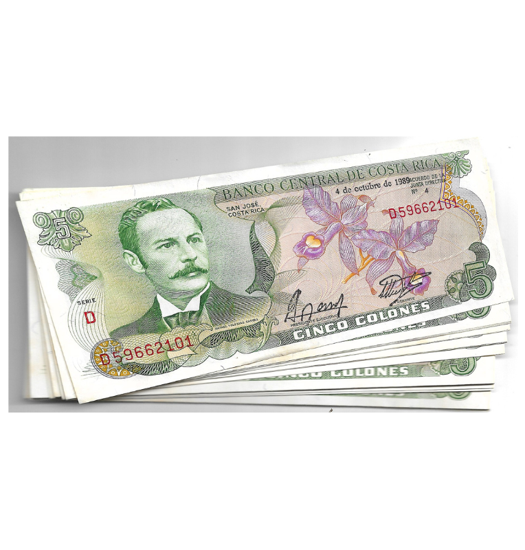 Costa Rica 5 Colones 1989. (Medio fajo)