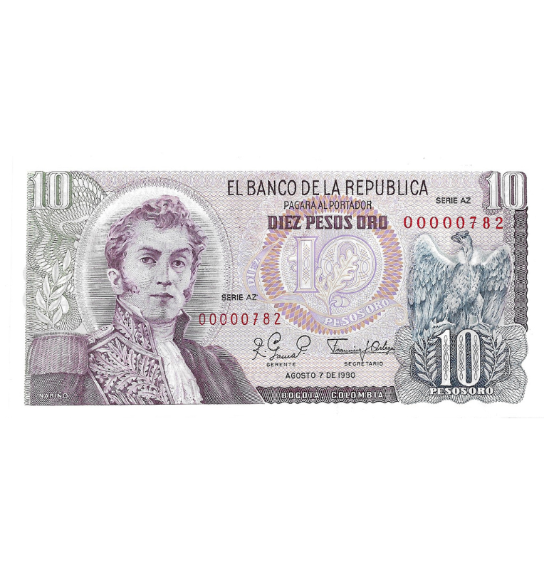 Colombia 10 Pesos Oro 1980 Número bajo #782