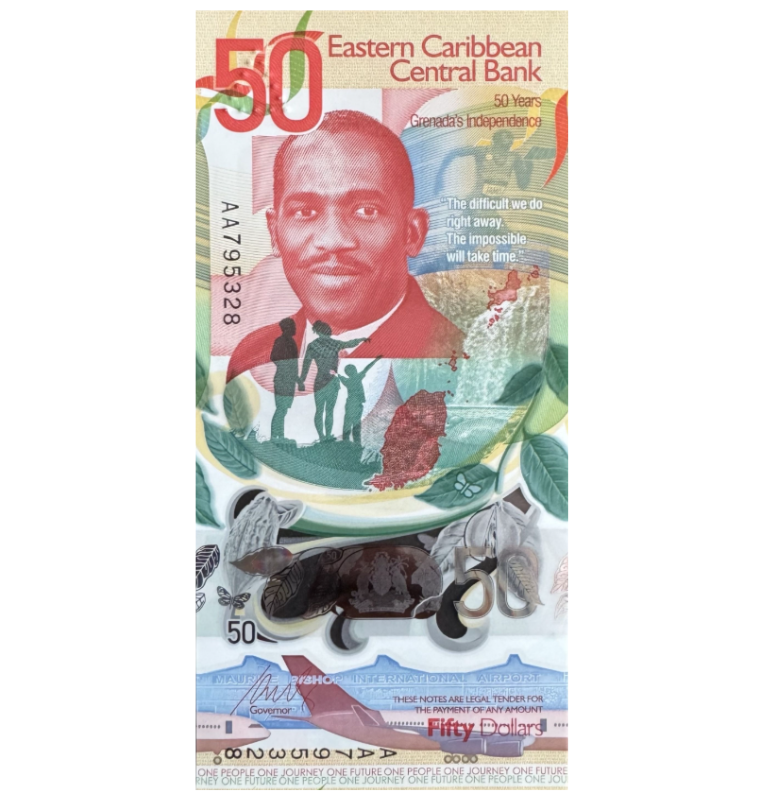 Estados del Caribe 50 Dólares 2024 Polimero Emisión conmemorativa 50 aniversario de la independencia de Granada de Gran Bretaña