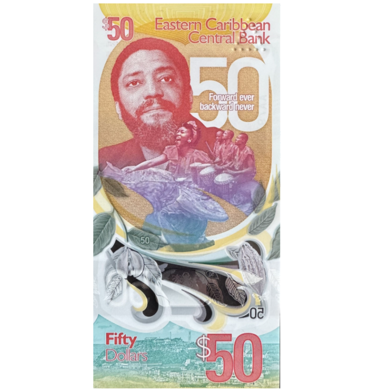 Estados del Caribe 50 Dólares 2024 Polimero Emisión conmemorativa 50 aniversario de la independencia de Granada de Gran Bretaña