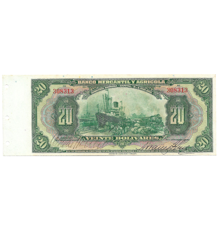 Venezuela Banco Mercantil y Agricola 20 Bolivares Año ND. NO UNC