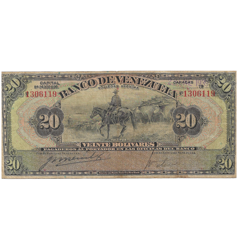 Venezuela 20 Bolivares 1939 NO UNC