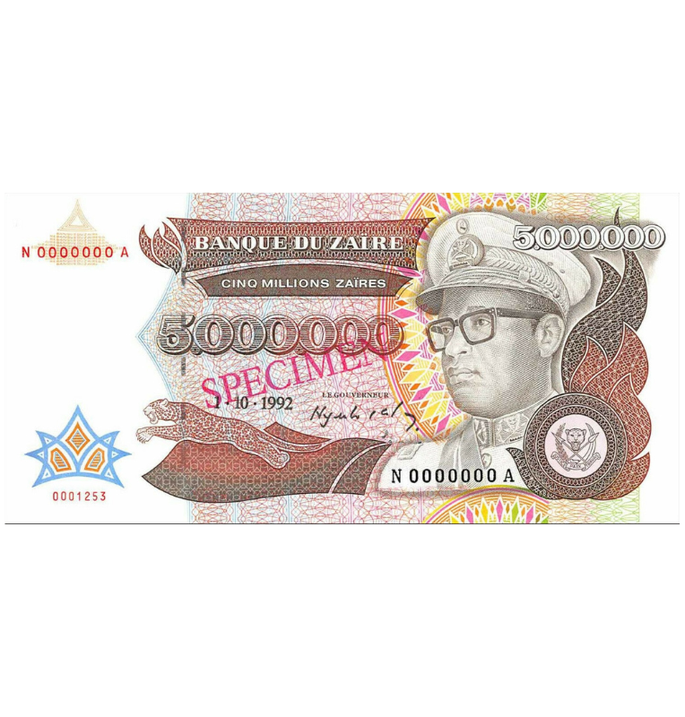Zaire 5.000.000 Zaires 1992 Pick 46s SPECIMEN (Tiene manchas)