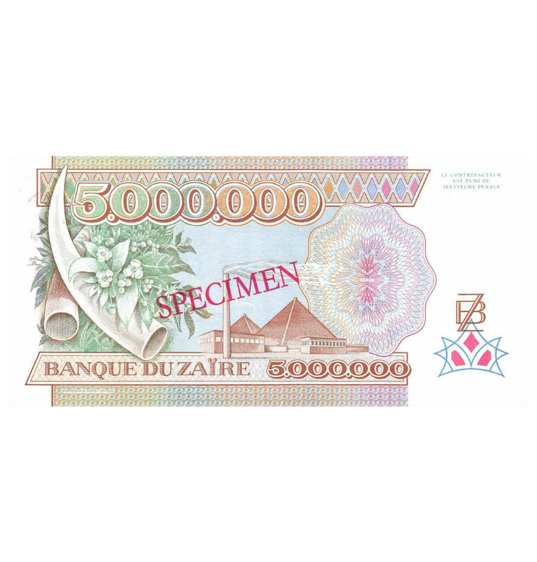 Zaire 5.000.000 Zaires 1992 Pick 46s SPECIMEN (Tiene manchas)