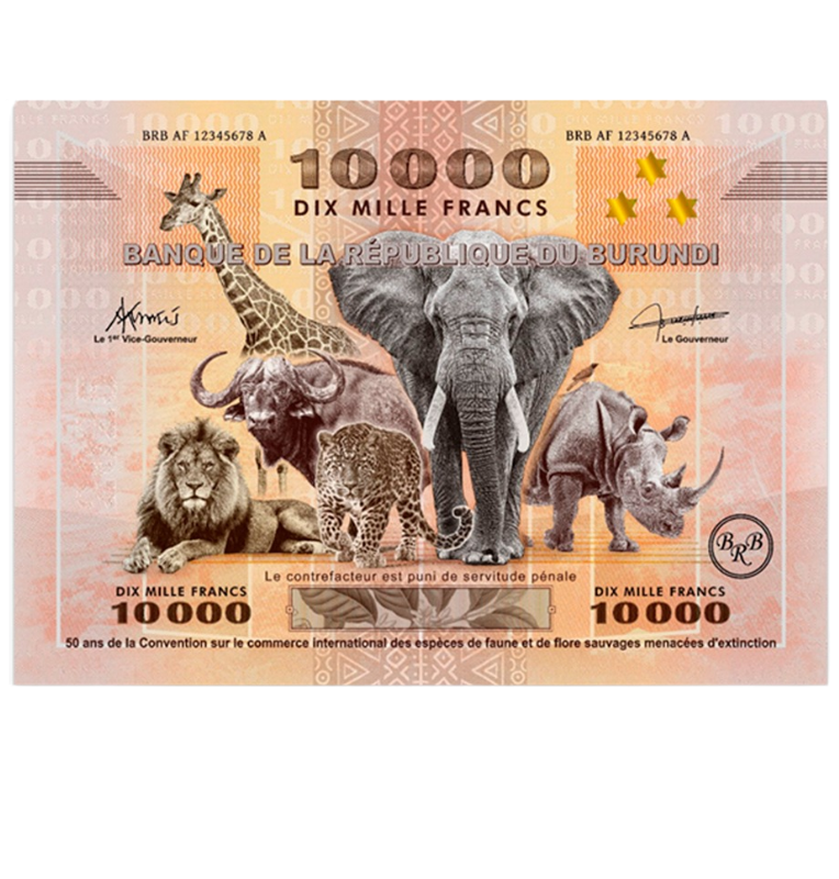 Burundi 10.000 Francos 2025 Emisión Conmemorativa 50 aniversario de la CITES