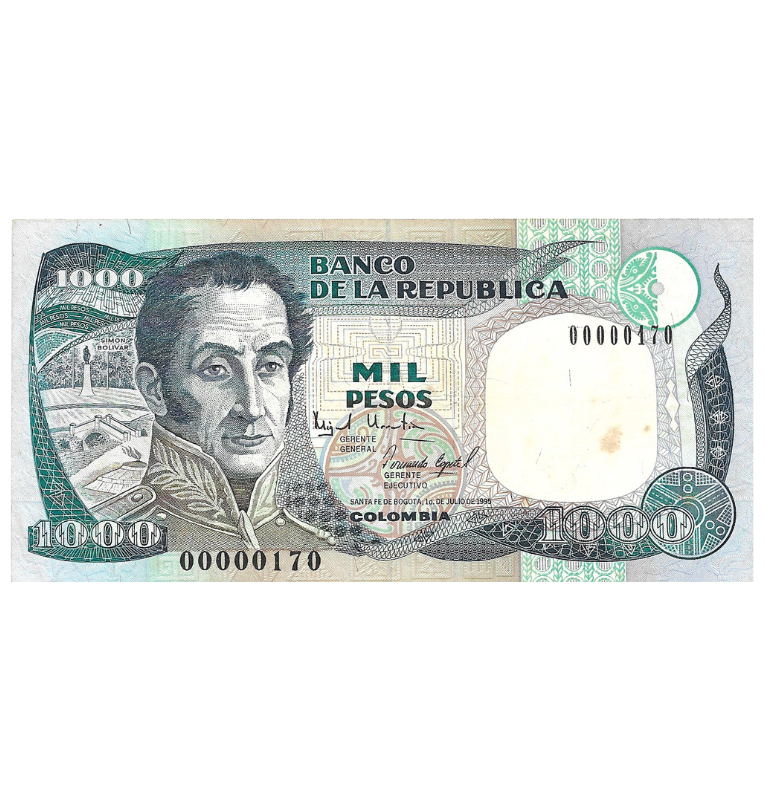 Colombia 1000 Pesos 1995 Número bajo 3 dígitos 170. NO UNC