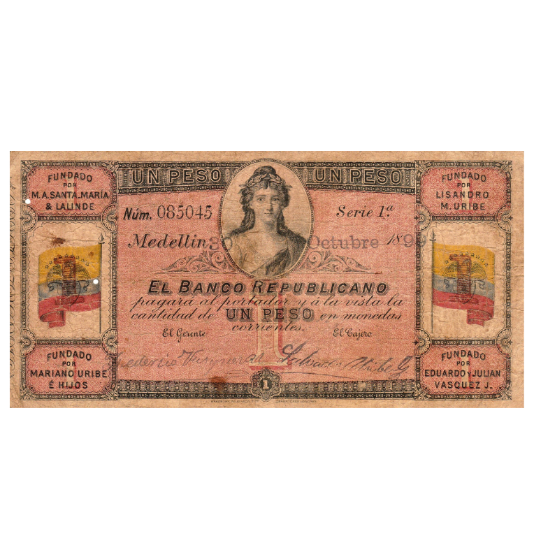 Colombia Banco de Medellín 1 Peso 30 de Octubre 1899 (No UNC)