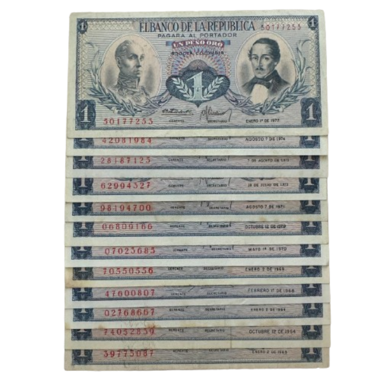 Colombia Set de 12 billetes de 1 Peso Oro de diferentes fechas. NO UNC