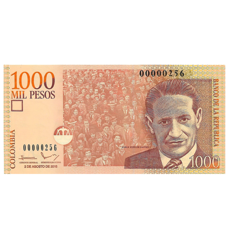 Colombia 1.000 Pesos 2016 Número bajo 256 (Formato pequeño)