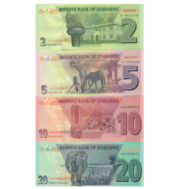 Zimbabue 2,5,10,20 Dólares 2016-2020