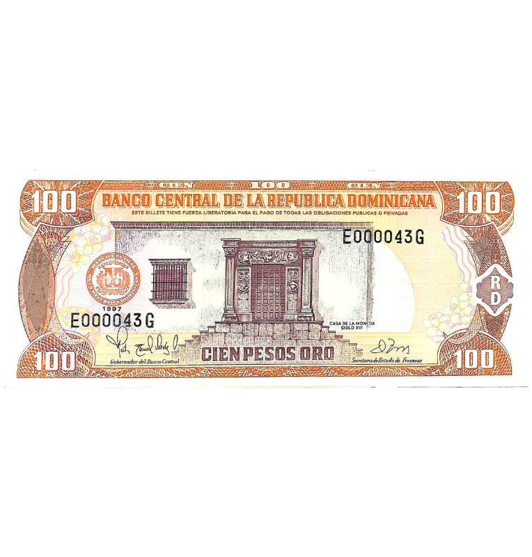 Republica Dominicana 100 Pesos Oro 1990 Pick 128b. Serial bajo #43