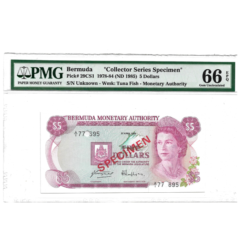 Bermuda 5 Dólares Espécimen 1985 ND. Certificado 66 EPQ