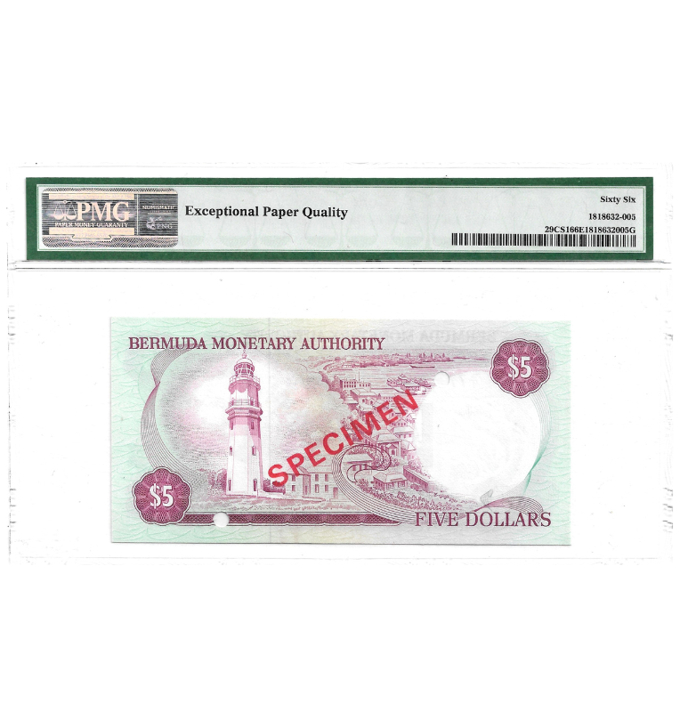 Bermuda 5 Dólares Espécimen 1985 ND. Certificado 66 EPQ