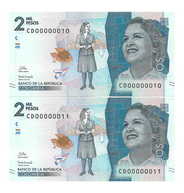 Colombia 2.000 Pesos 2022. Consecutivos serial bajo 10 y 11