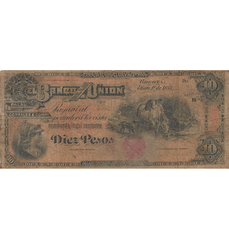 Colombia 10 Pesos El Banco de la Unión enero 1 de 1883 NO UNC