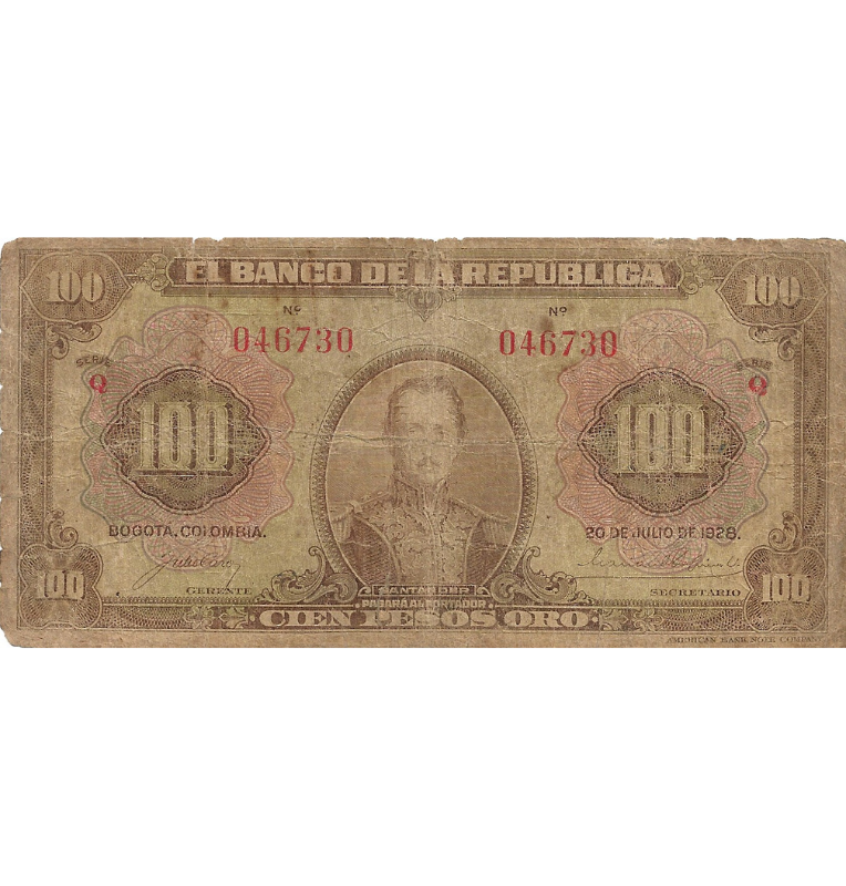 Colombia 100 Pesos Oro 1928 Julio 20 NO UNC