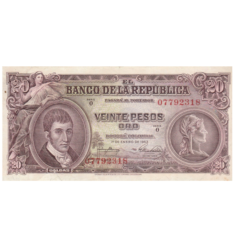 Colombia 20 Pesos Oro 1953 NO UNC