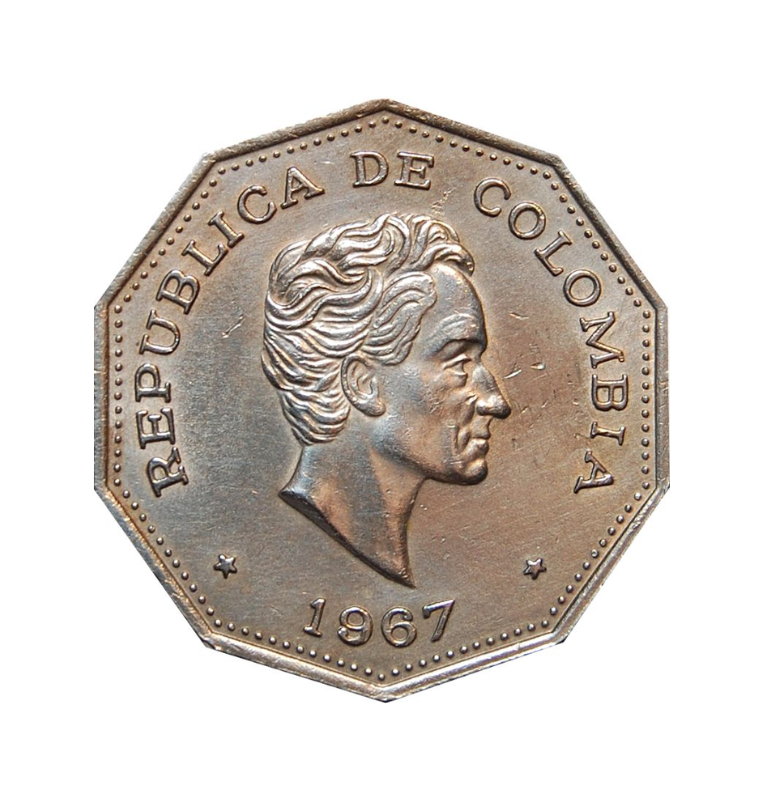 Colombia 1 Peso Decagonal 1967 NO UNC