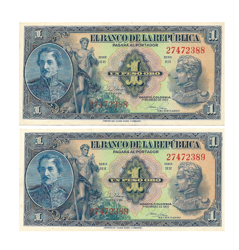 Colombia 1 Peso Oro 1950 Pareja consecutiva NO UNC