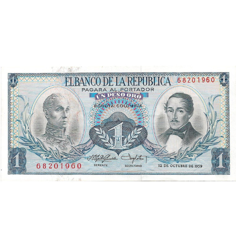 Colombia 1 Peso Oro 1959 octubre 12 Primera Fecha NO UNC