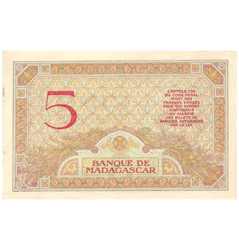Madagascar 5 Francos 1937 ND Pick 35