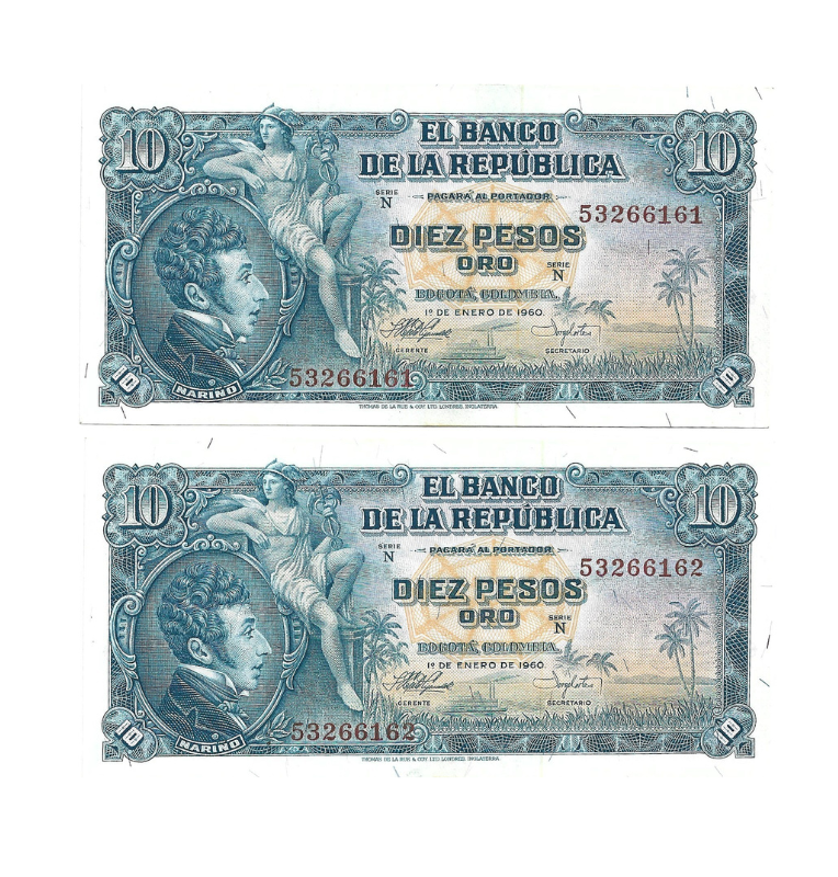 Colombia 10 Pesos Oro 1960 Pareja consecutiva NO UNC