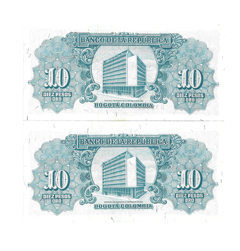 Colombia 10 Pesos Oro 1960 Pareja consecutiva NO UNC