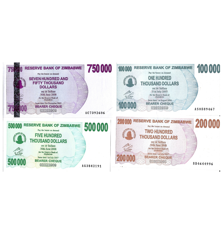Set de 4 billetes de Zimbabue