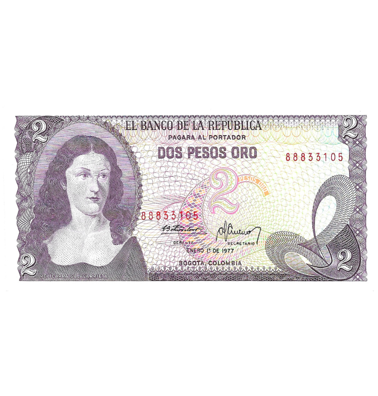 Colombia 2 Pesos Oro 1977 NO UNC