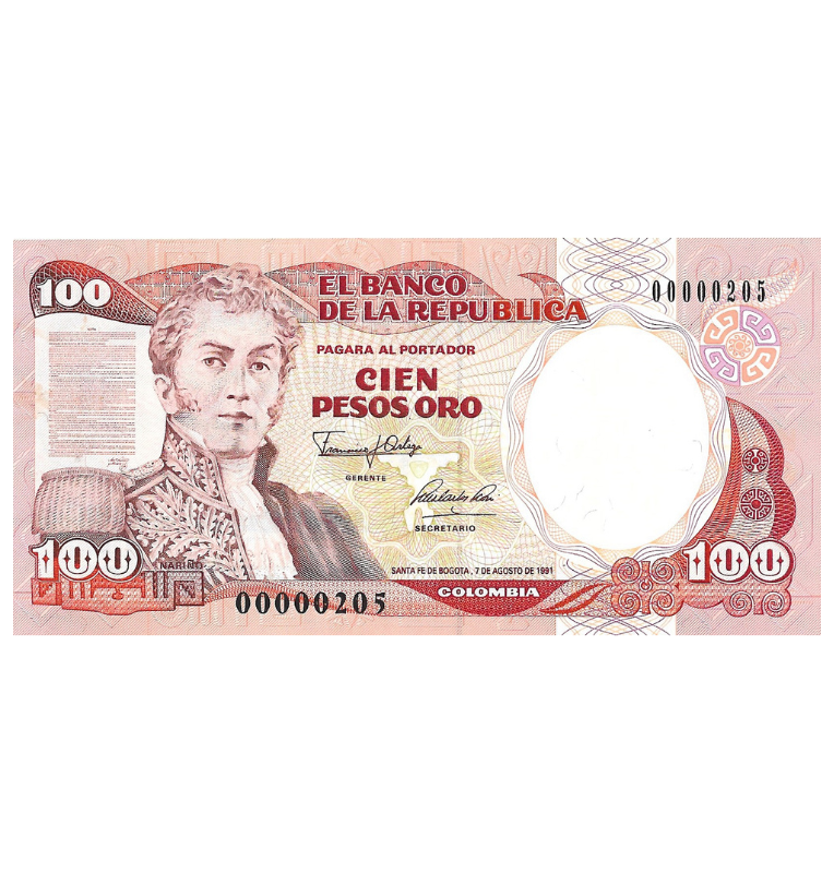 Colombia 100 Pesos Oro 1991 Número bajo 3 dígitos 205