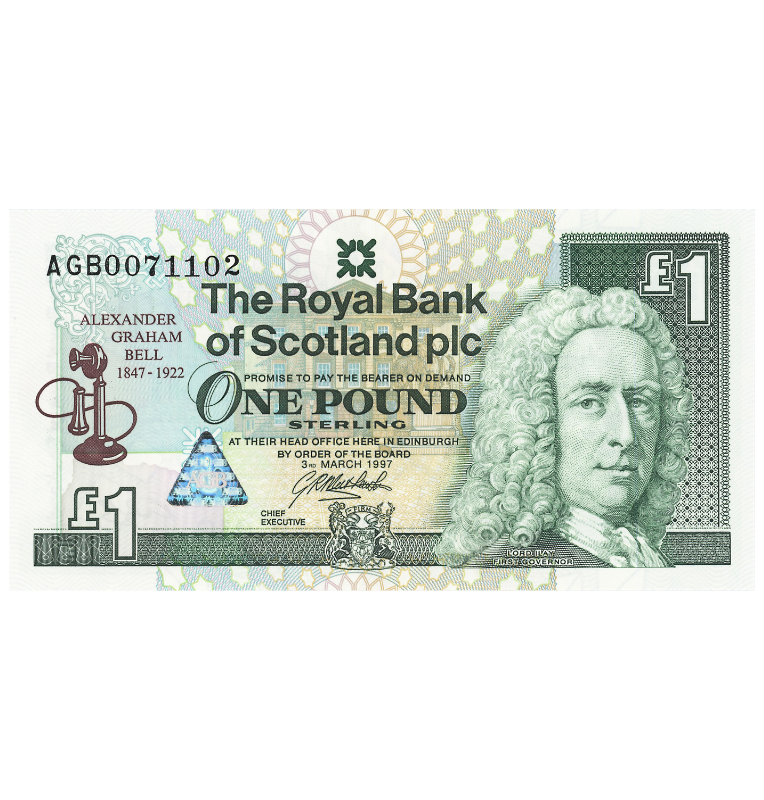 Escocia 1 Libra 1997 Emisión conmemorativa 150 aniversario del nacimiento de Alexander Graham Bell