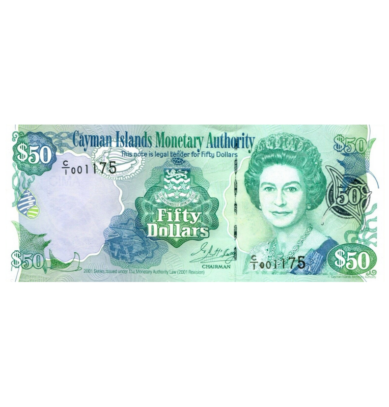 Islas Caimán 50 Dólares 2001 Pick 29a (Serial bajo)