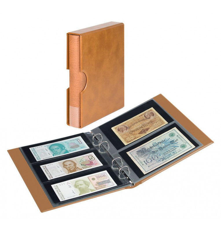 Round banknote album with 10 sheets and case, color: light brown