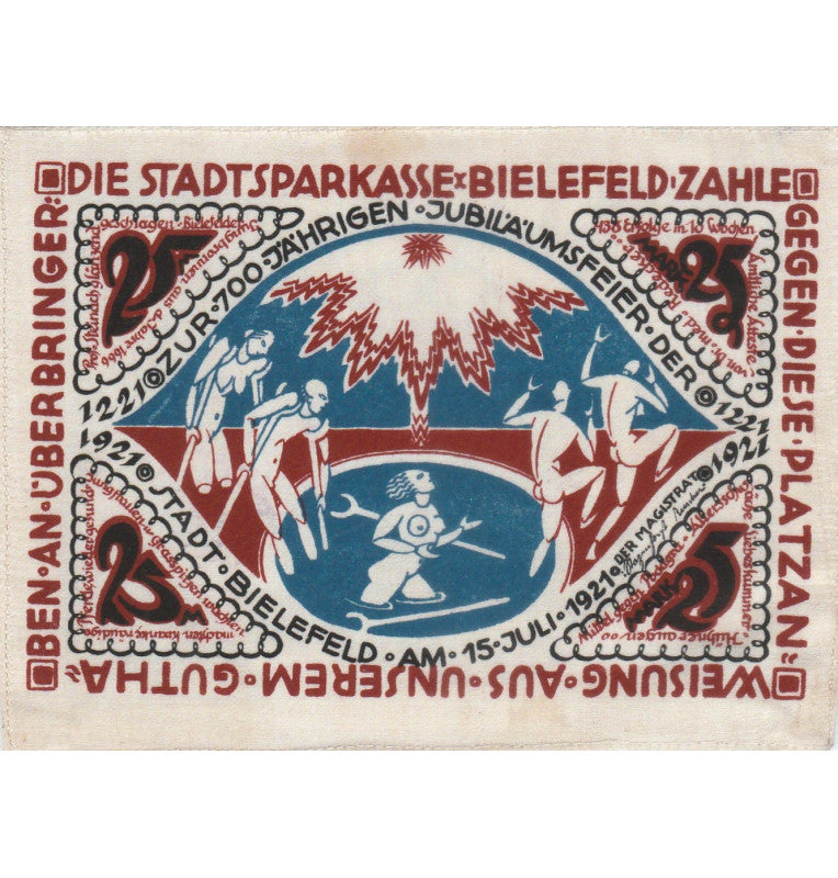 Germany 25 Mark Notgelds Cloth (With stamp)