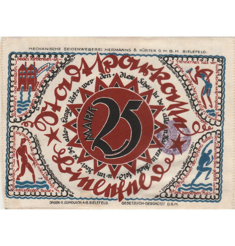 Germany 25 Mark Notgelds Cloth (With stamp)