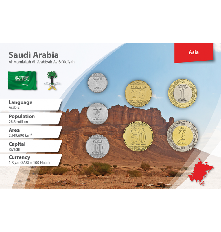 Arabia Saudita 1, 5, 10, 25, 50 Halala, 1, 2 Riyals 2016 KM Nuevo