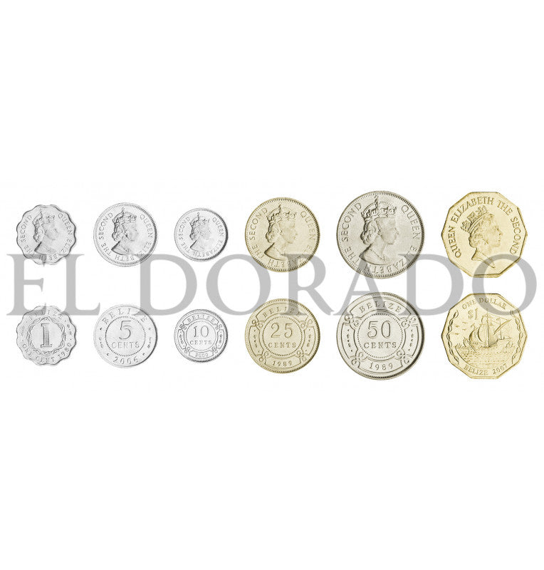 Belice 1, 5, 10, 25, 50 Centavos, 1 Dólar 1974-2010 KM 33a, 34a, 35, 36, 37, 99