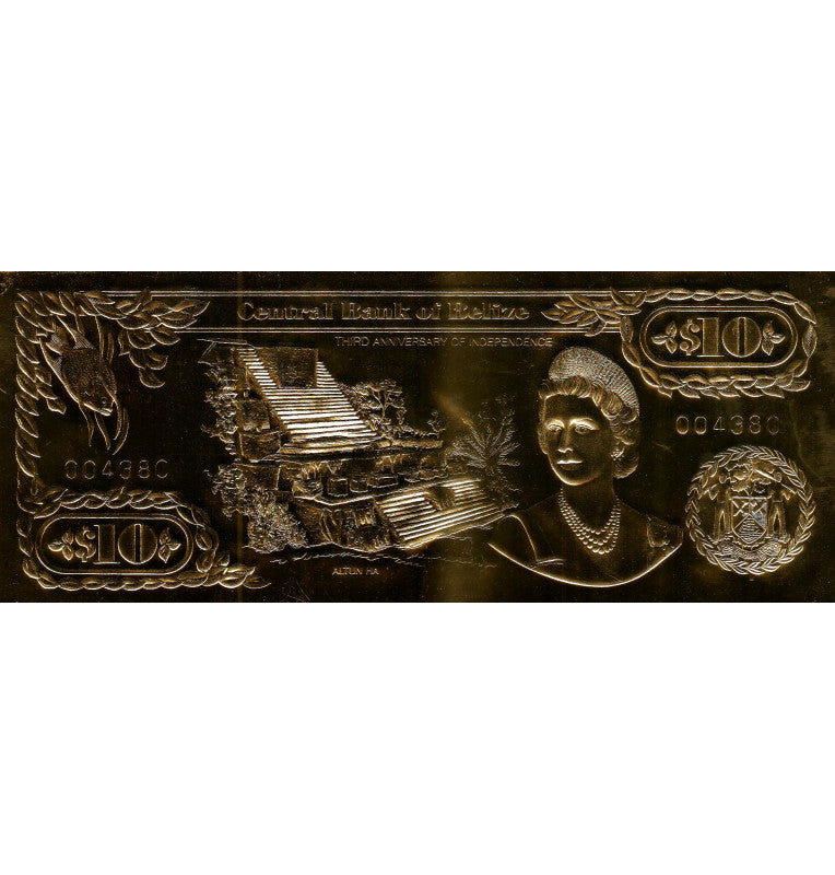 Belize 10 Dollars 1984 ND (Gold Plated) 4-digit serial number