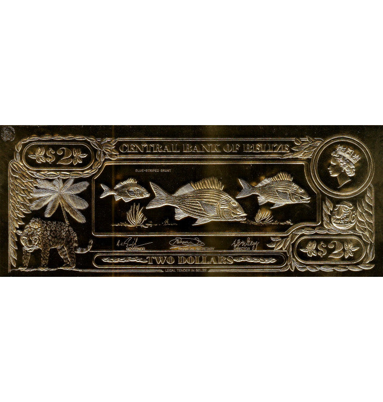 Belize 2 Dollars 1984 ND (Gold Rolled) 4-digit serial number