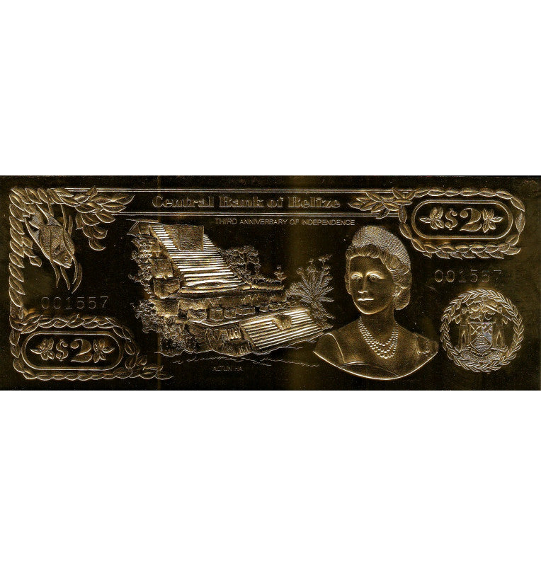 Belize 2 Dollars 1984 ND (Gold Rolled) 4-digit serial number