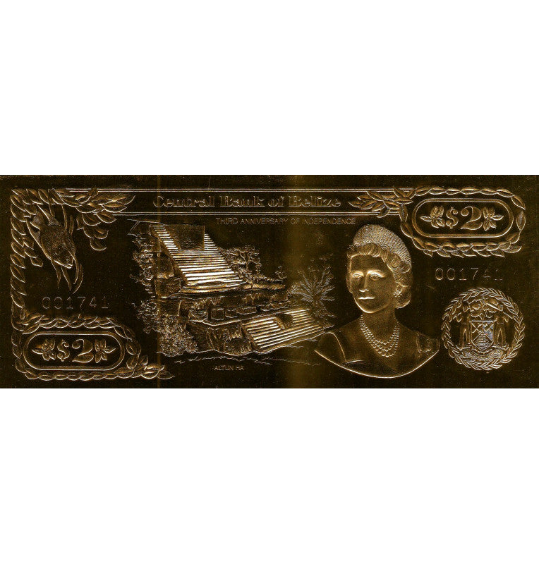 Belize 2 Dollars 1984 ND (Gold Rolled) 4-digit serial number