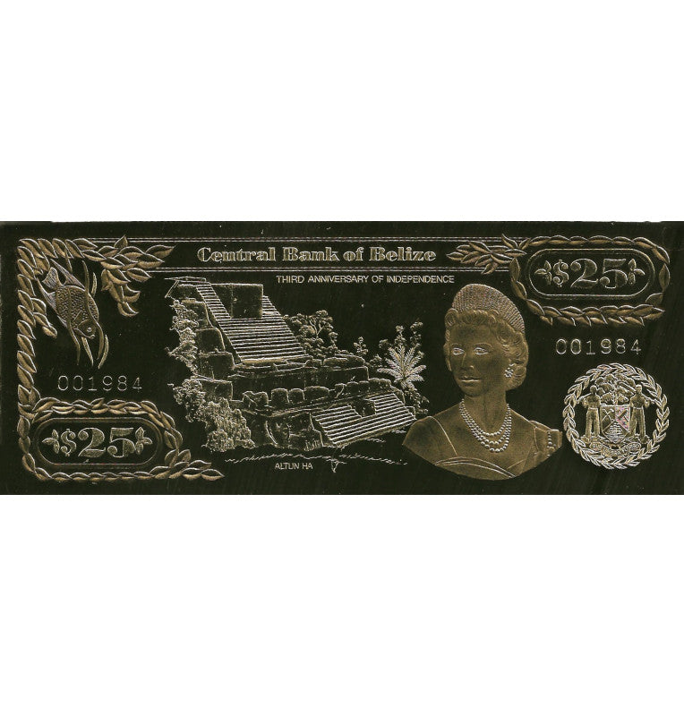 Belize 25 Dollars 1984 ND (Gold Plated) 4-digit serial number