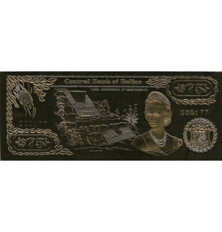 Belize 75 Dollars 1984 (Gold Plated) 3 digit serial number
