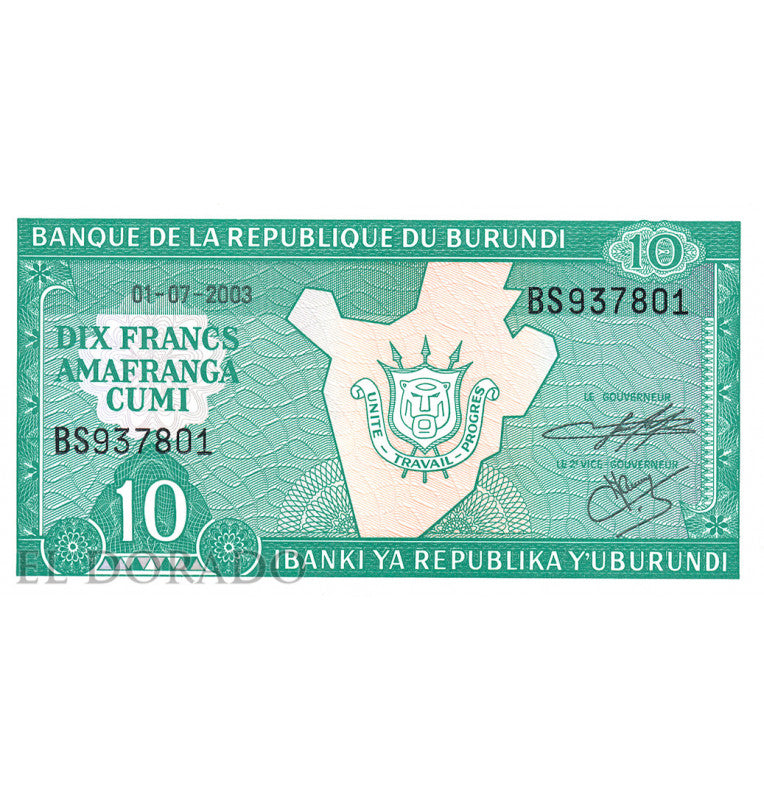 Burundi 10 Francs 1997-2003 Pick 33d