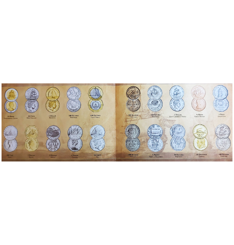 Colección de 20 monedas de diferentes países del mundo que presentan diseños de barcos y naves marítimas grabados en su superficie.