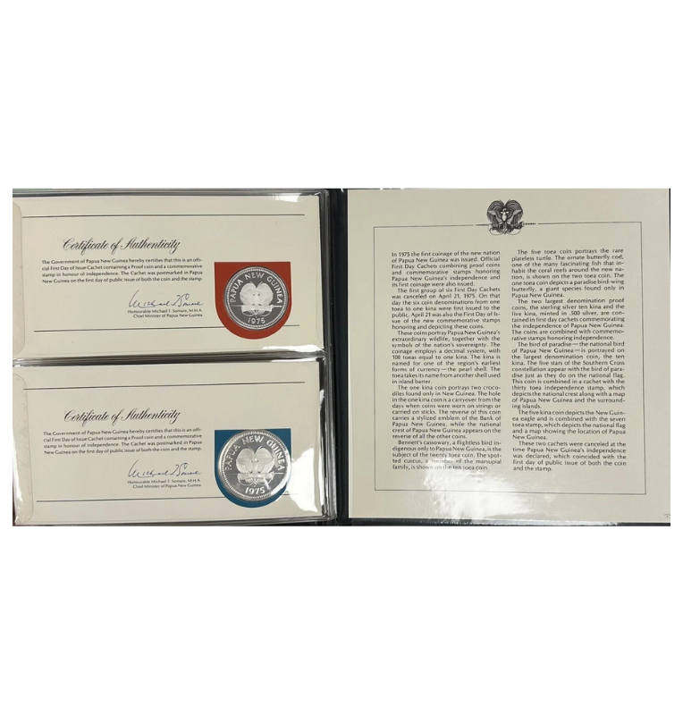 Papúa Nueva Guinea 1975 cubierta de sello y juego de 8 monedas