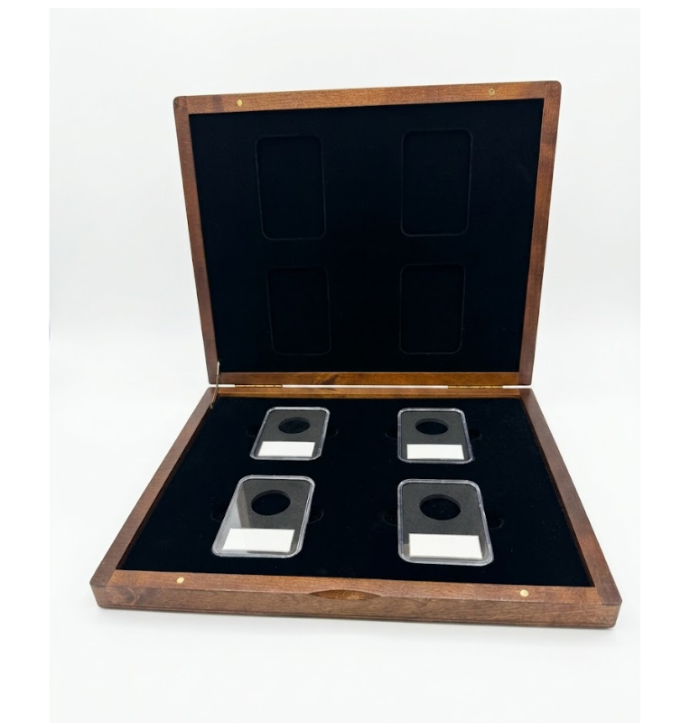Estuche de Madera para 4 Monedas en capsula quickslab (Incluye las capsulas)