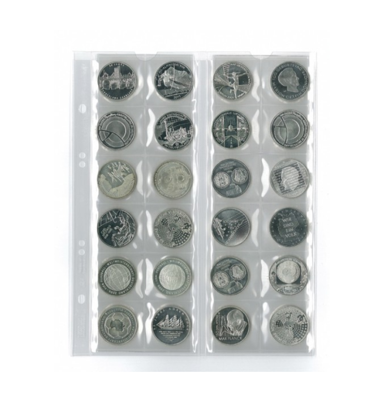 Páginas para monedas "Multi Collect" para 24 monedas de hasta 34 mm de diámetro, con separadores negros - paquete de 5(La hojas presentan amarillez)
