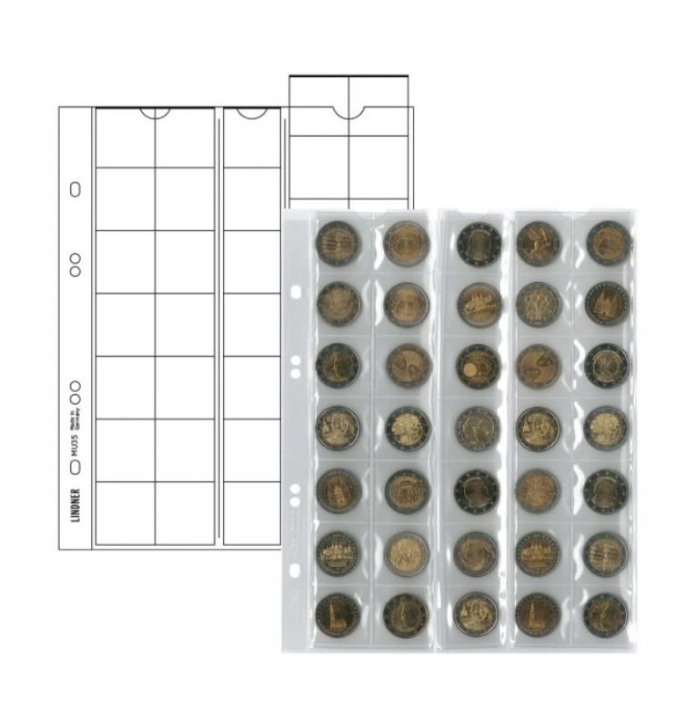 Páginas para monedas "Multi Collect" para 35 monedas de hasta 27 mm de diámetro, con separadores rojos - paquete de 5(La hojas presentan amarillez)