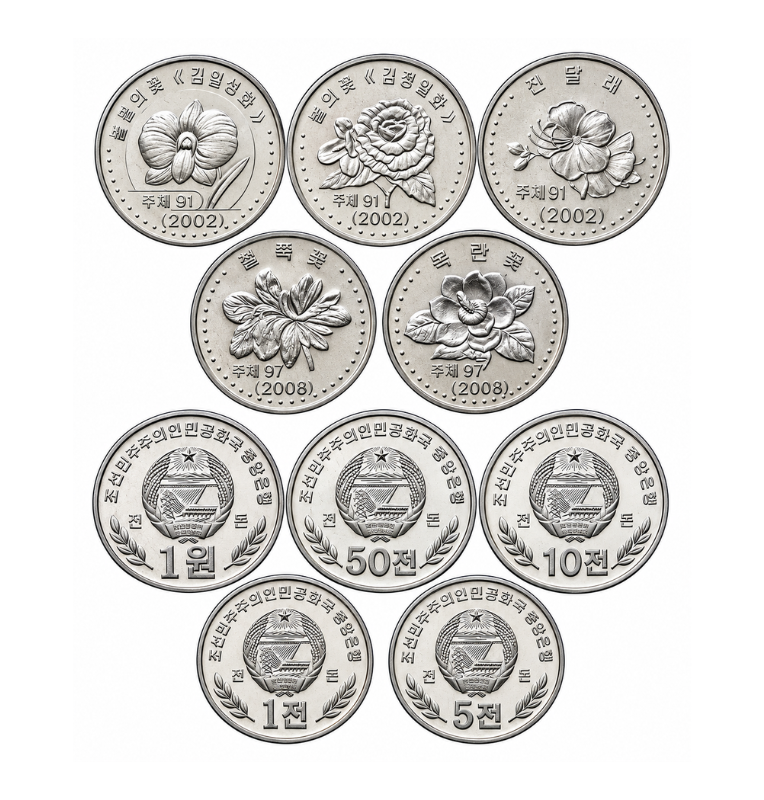 Corea del Norte 1,5,10,50 Chon 1 Won 2002-2008